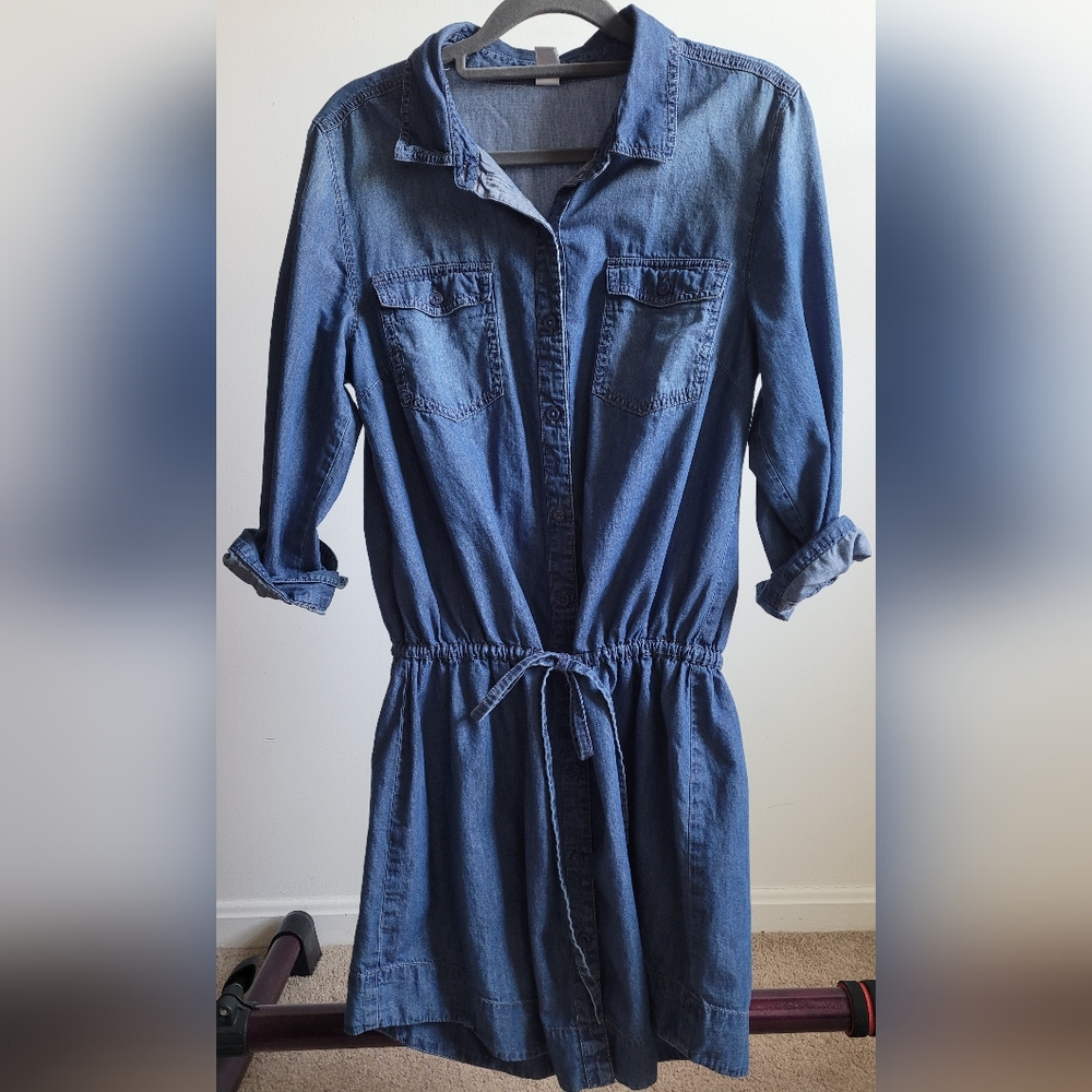 Denim Chambray Full Buttondown tie-waist Dress, Size M